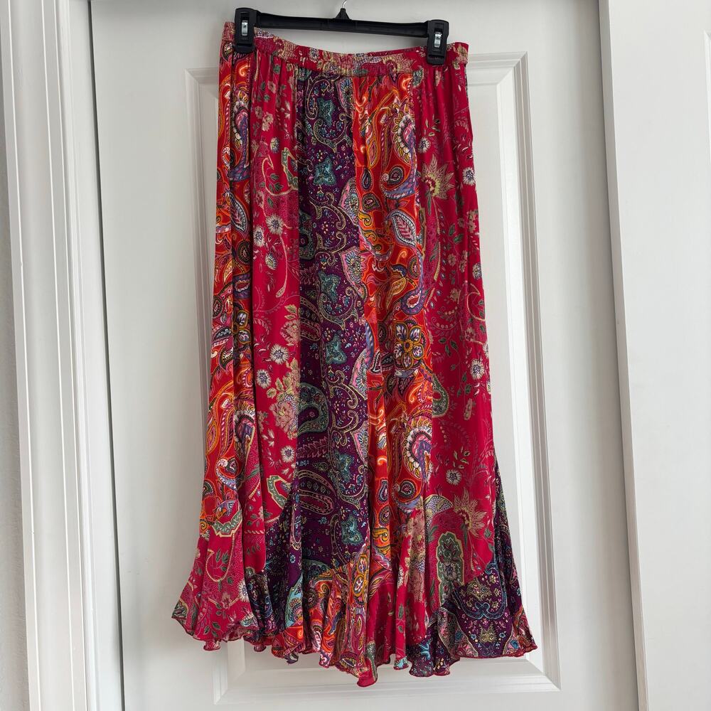 Requirements Boho Maxi Skirt Medium Pink Red Paisley Floral Mixed Print Rayon